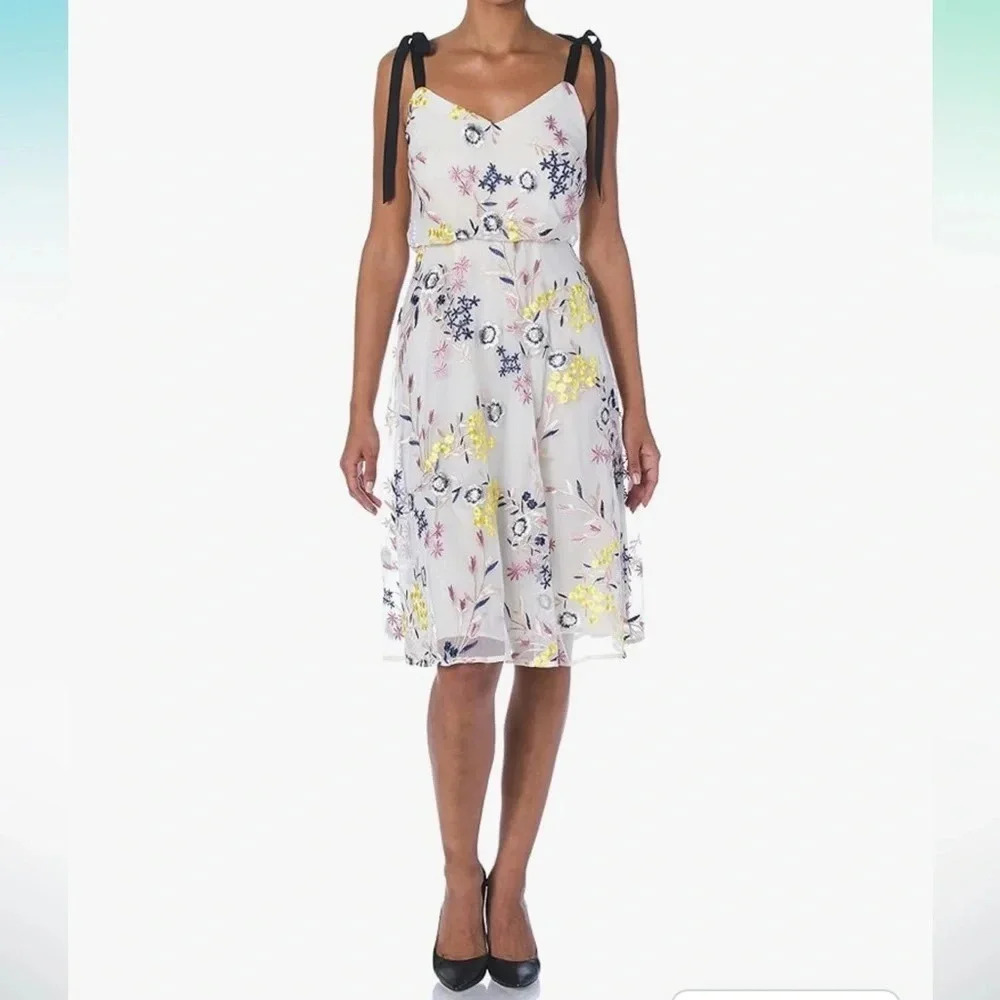 Donna Morgan | Blouson Yellow Floral Embroidered Midi Dress Shoulder Tie | sz 0 - Picture 2 of 13